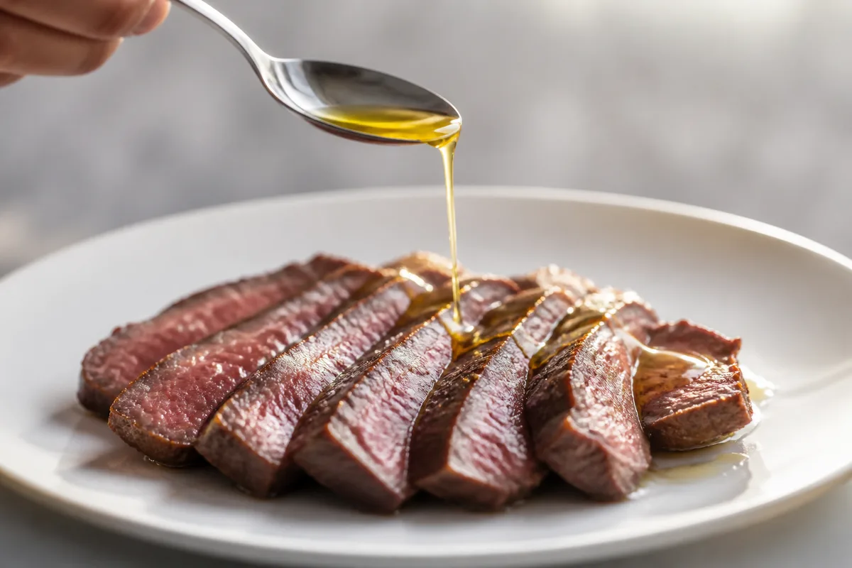 Filet d&rsquo;huile d&rsquo;olive dorée versé sur des tranches de viande rosée dans une assiette blanche unie
