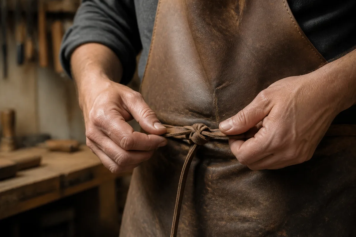 Mains d&rsquo;artisan retirant son tablier de cuir dans un atelier en fin de journée