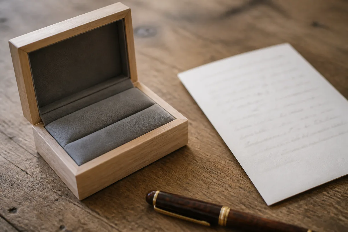 Écrin en bois ouvert sur un plan de travail avec une carte manuscrite posée à côté