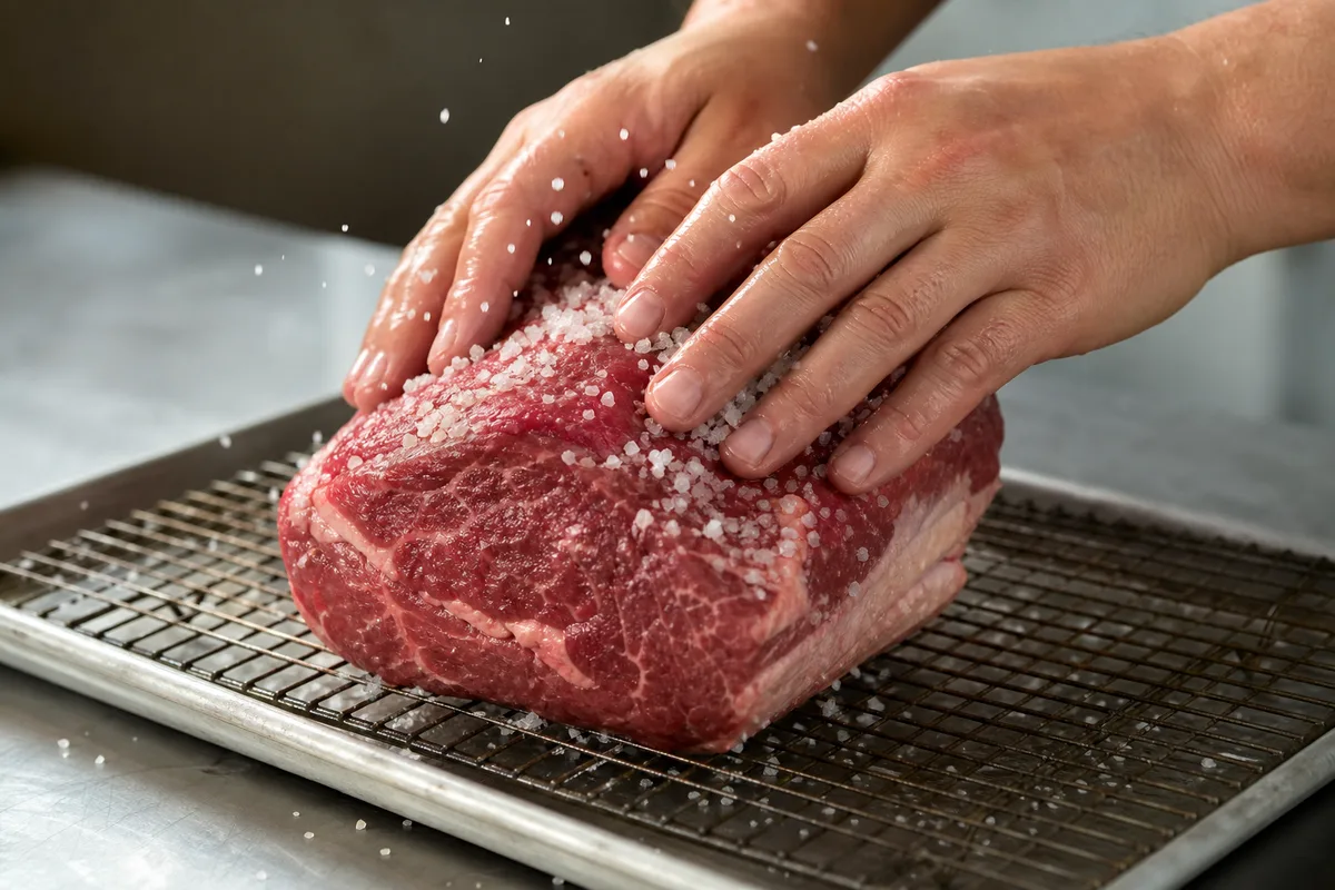 Mains d un cuisinier massant une saumure sèche de gros sel sur une pièce de viande crue posée sur une grille