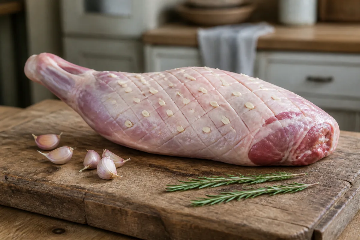 Gigot d&rsquo;agneau cru piqué de gousses d&rsquo;ail, posé sur une planche de bois brut dans une cuisine claire