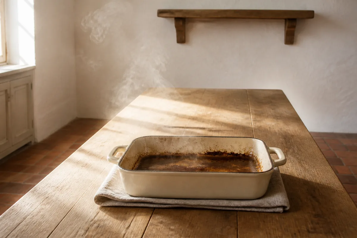Plat en fonte émaillée unie encore fumant, posé sur un torchon de lin au centre d&rsquo;une table de ferme