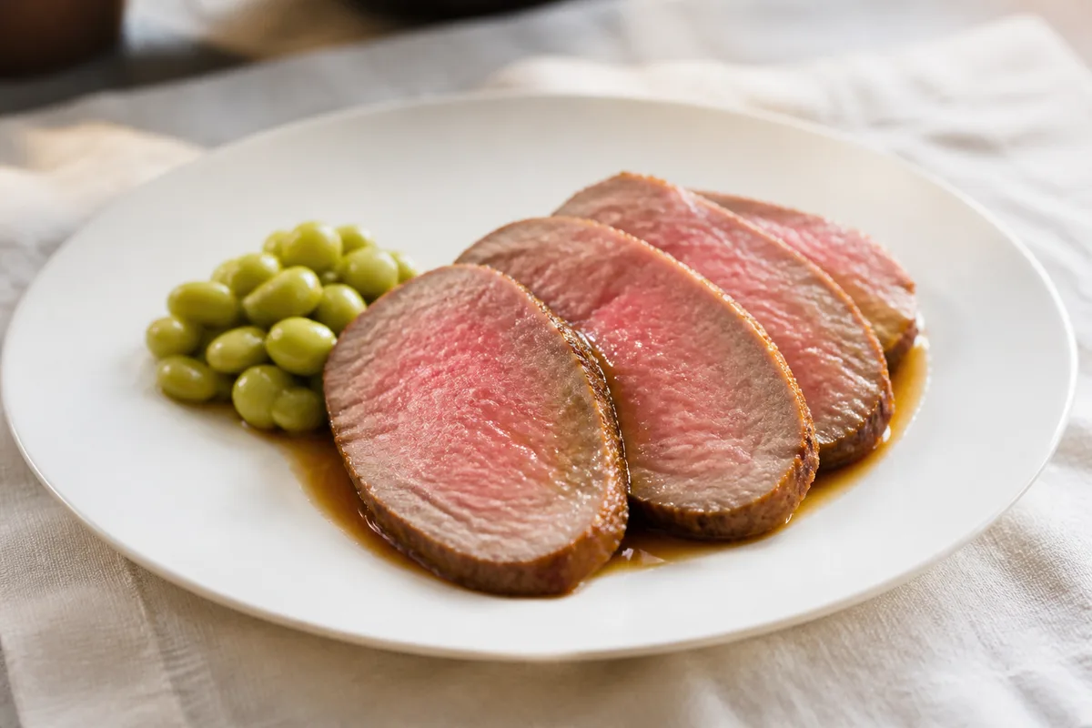 Tranches d&rsquo;agneau rosé et flageolets dans une assiette blanche unie posée sur une nappe de lin clair