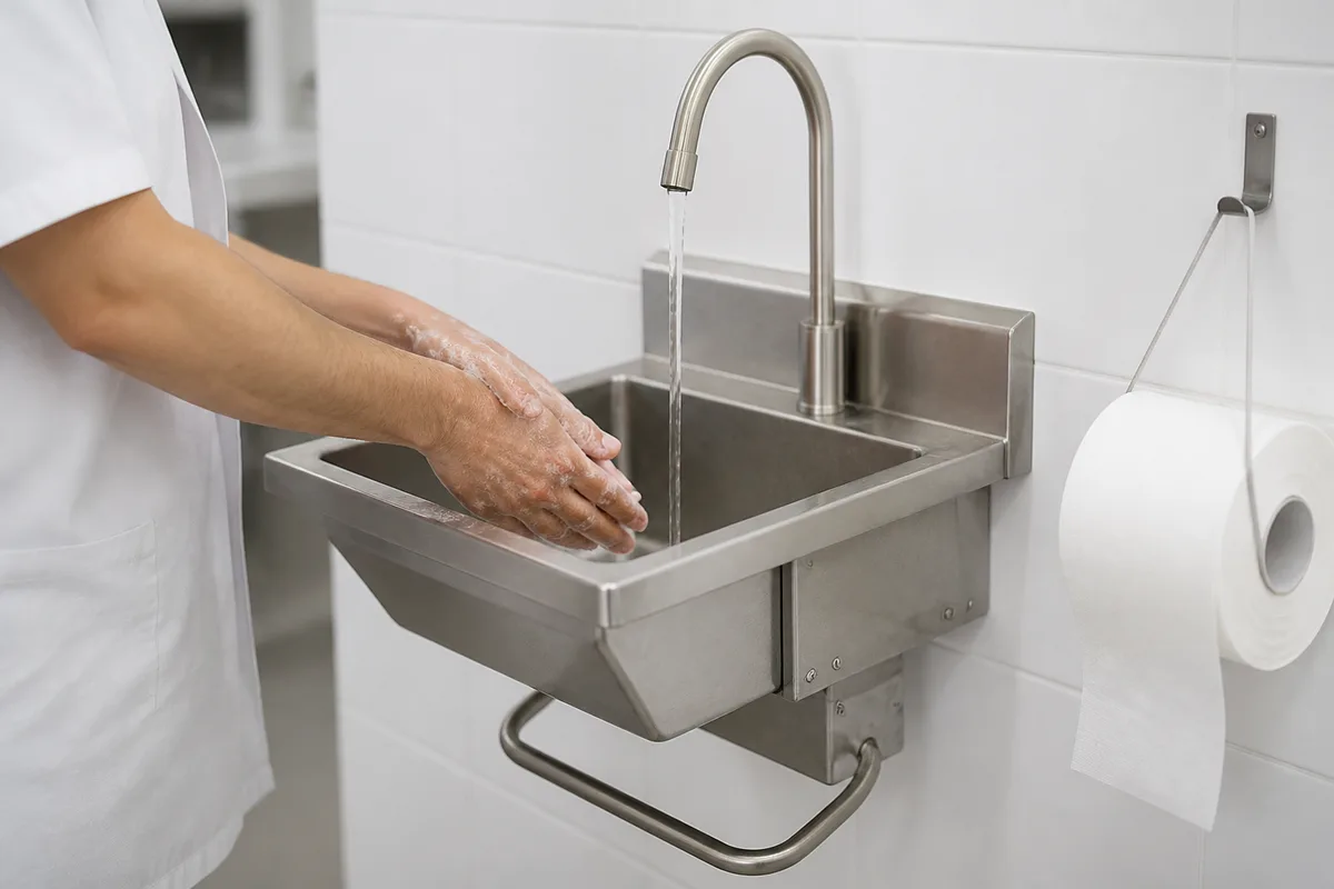 Lavabo mural en inox à commande fémorale dans un laboratoire de boucherie