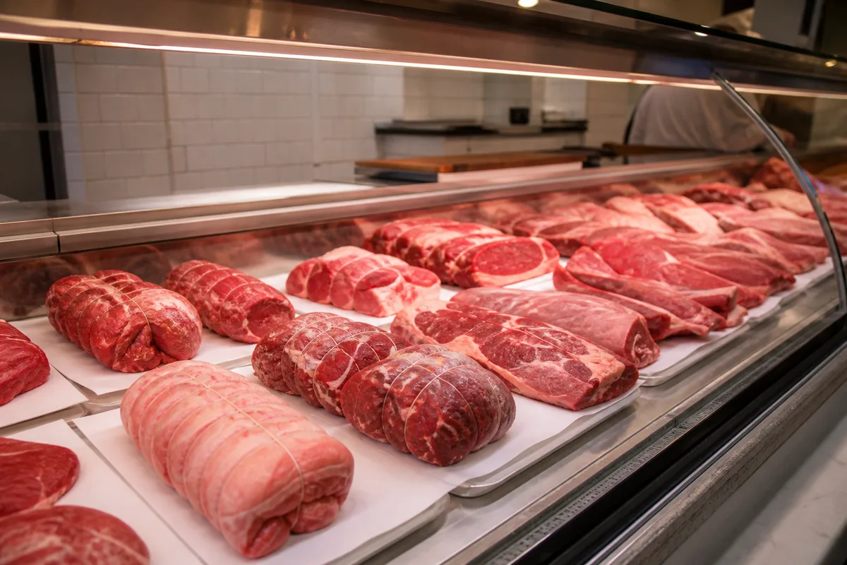 Vitrine réfrigérée de boucherie avec pièces de viande rouges sur plaques inox