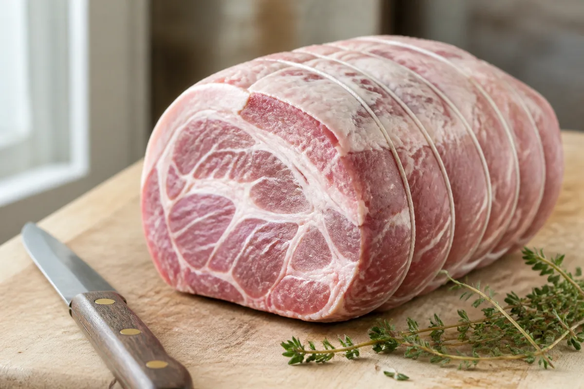 Rôti d&rsquo;échine de porc ficelé posé sur une planche de bois clair dans une boucherie