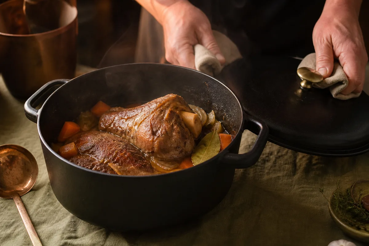 Jarret de porc et palette braisés dans une cocotte en fonte ouverte sur une table rustique