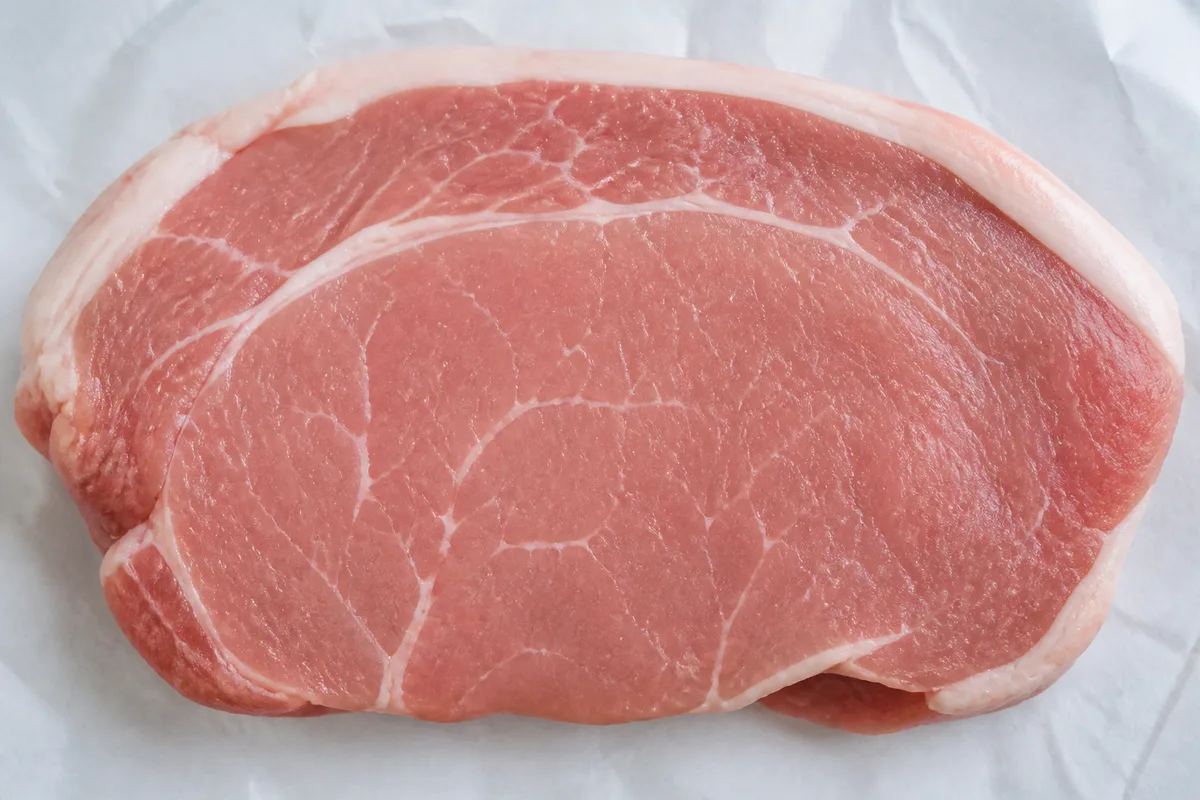 Tranche de longe de porc crue au persillé visible, posée sur papier de boucher