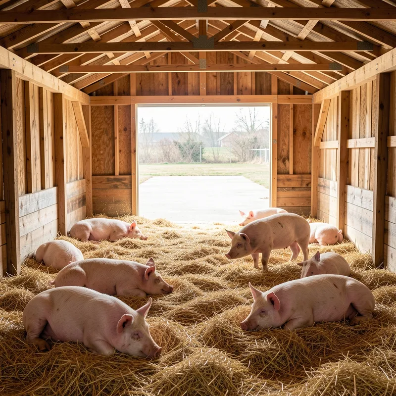 Porcs élevés sur litière paillée dans un bâtiment ouvert donnant sur une courette extérieure