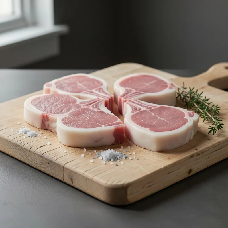 Côtes de porc crues sur un billot de bois, gras ferme et blanc nettement visible