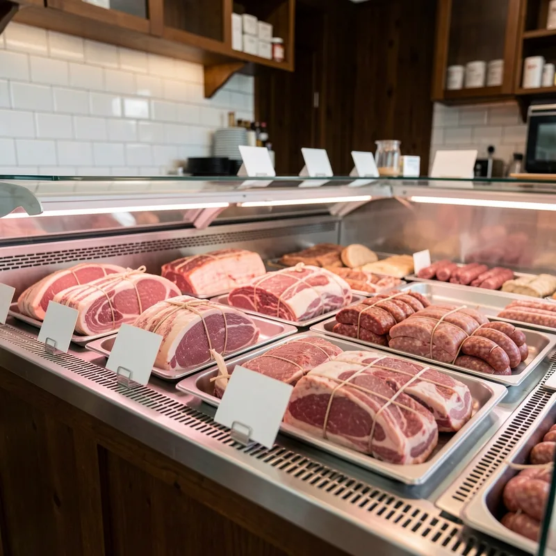 Étal de boucherie artisanale présentant des pièces de porc avec étiquettes de traçabilité