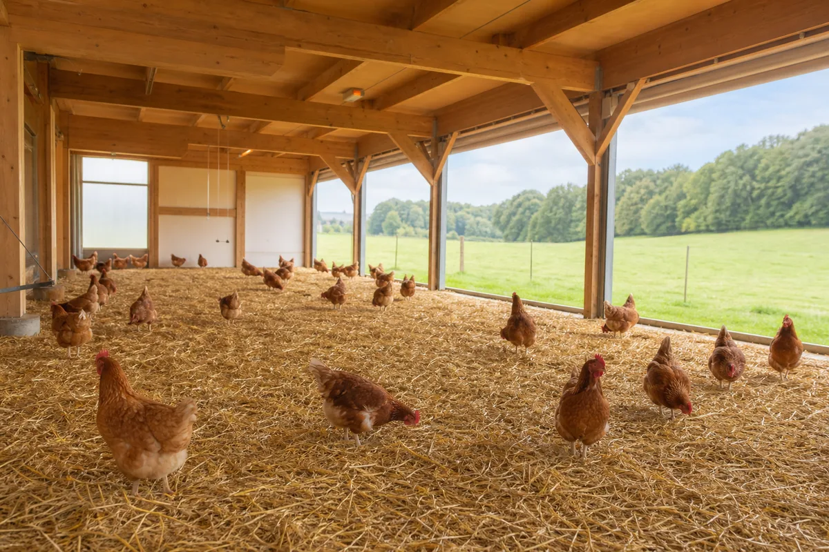Intérieur d&rsquo;un bâtiment avicole en bois clair à lumière naturelle, trappes ouvertes sur une prairie