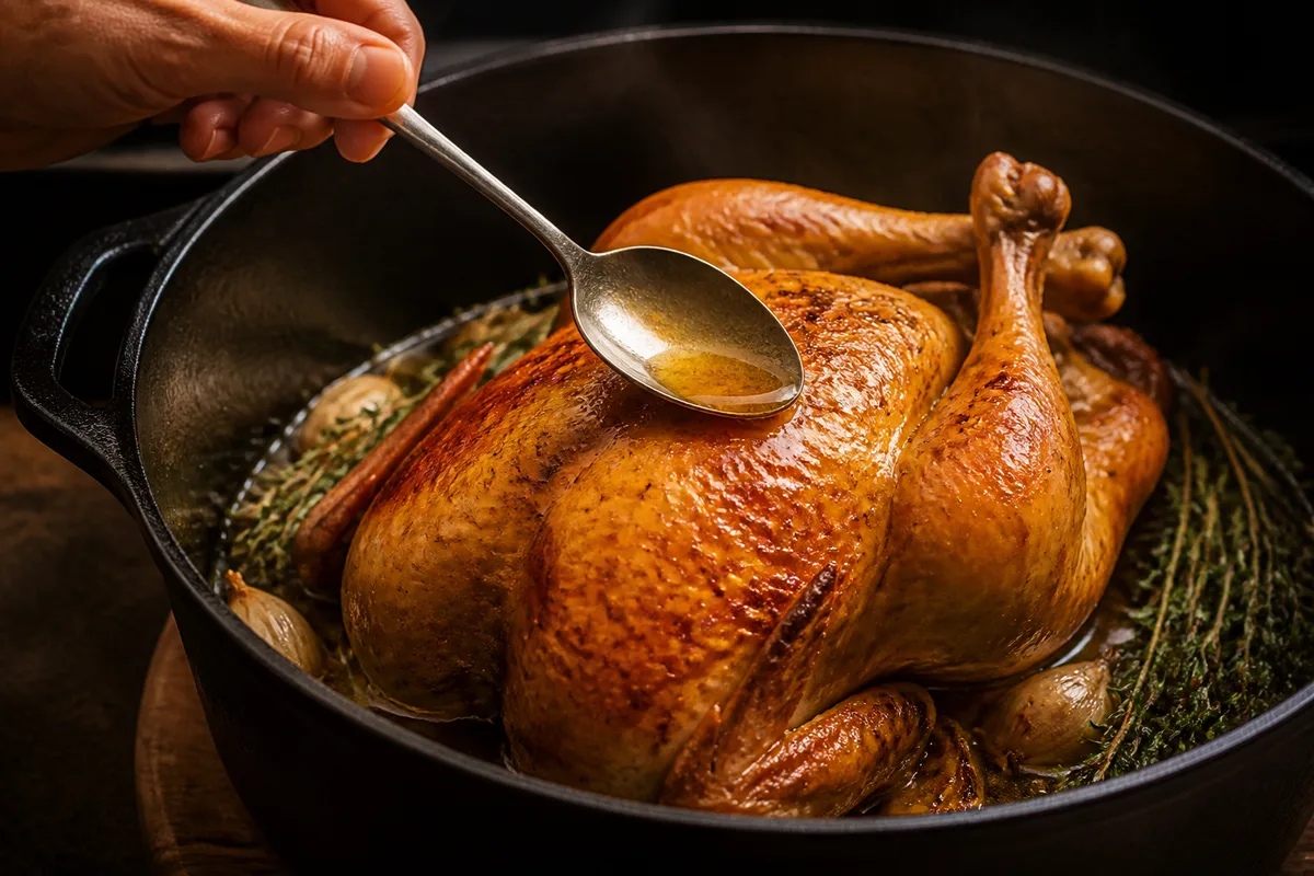 Poulet fermier rôti doré dans un plat en fonte unie, cuillère arrosant la volaille de son jus