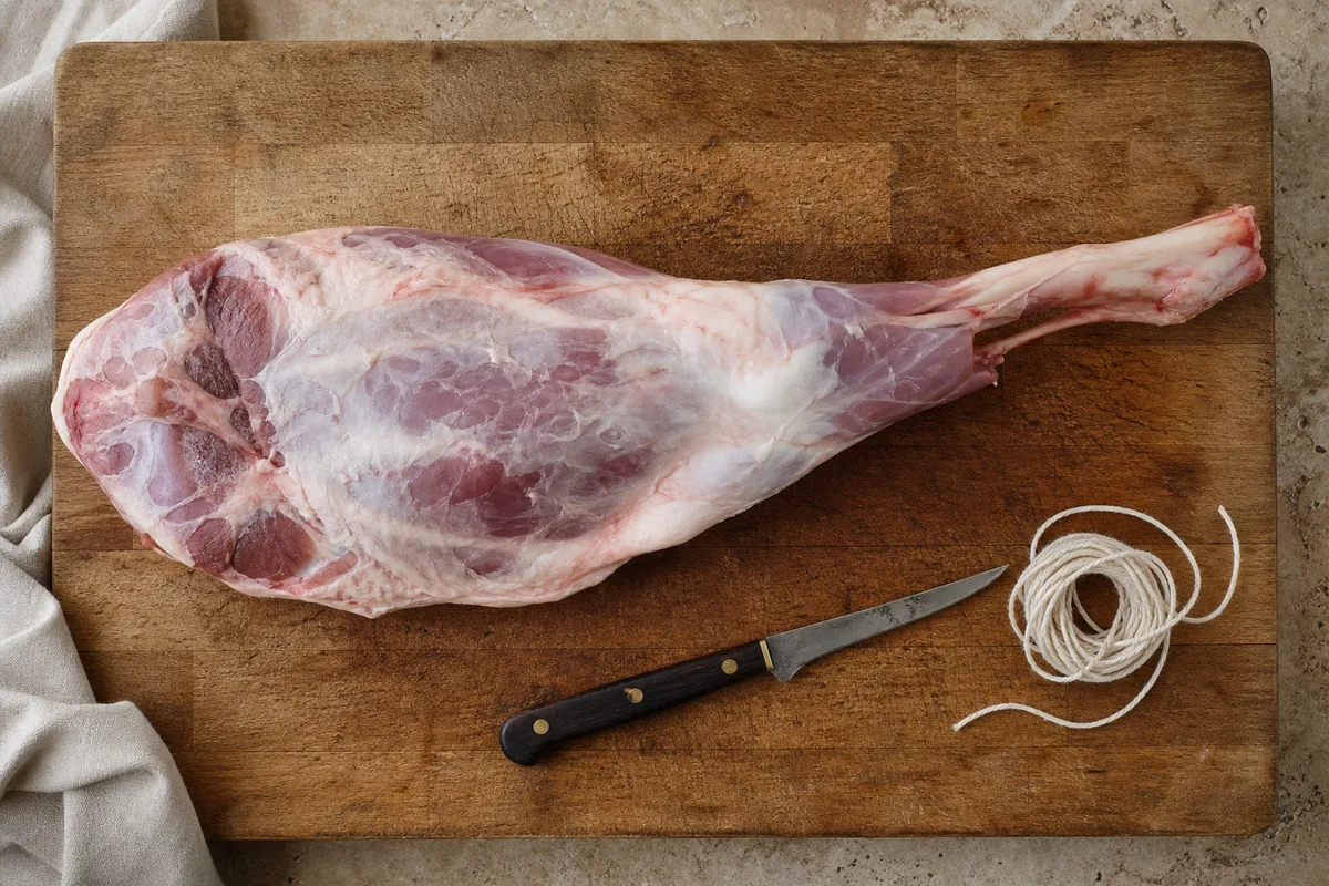 Gigot d agneau cru posé sur un billot de bois avec un couteau à désosser et de la ficelle de boucher
