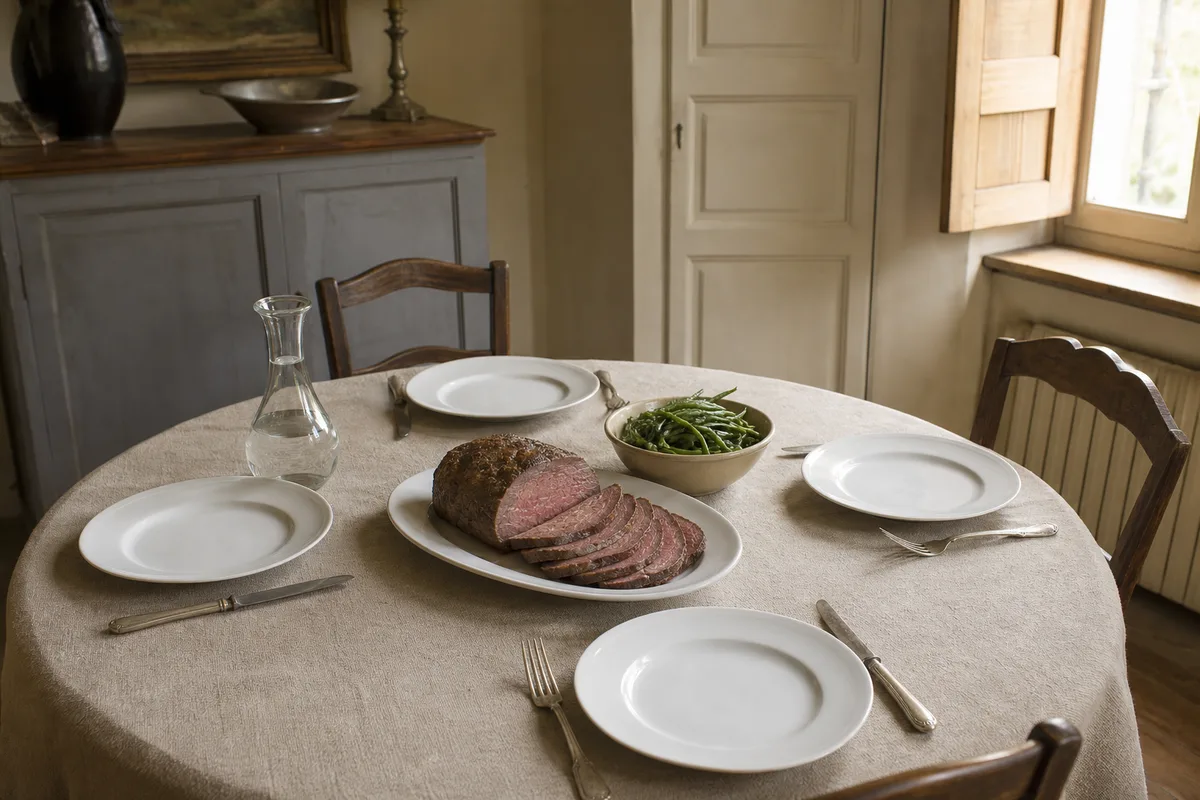 Table dressée d une salle à manger française avec un rôti de boeuf tranché sur un plat en porcelaine et des couverts anciens