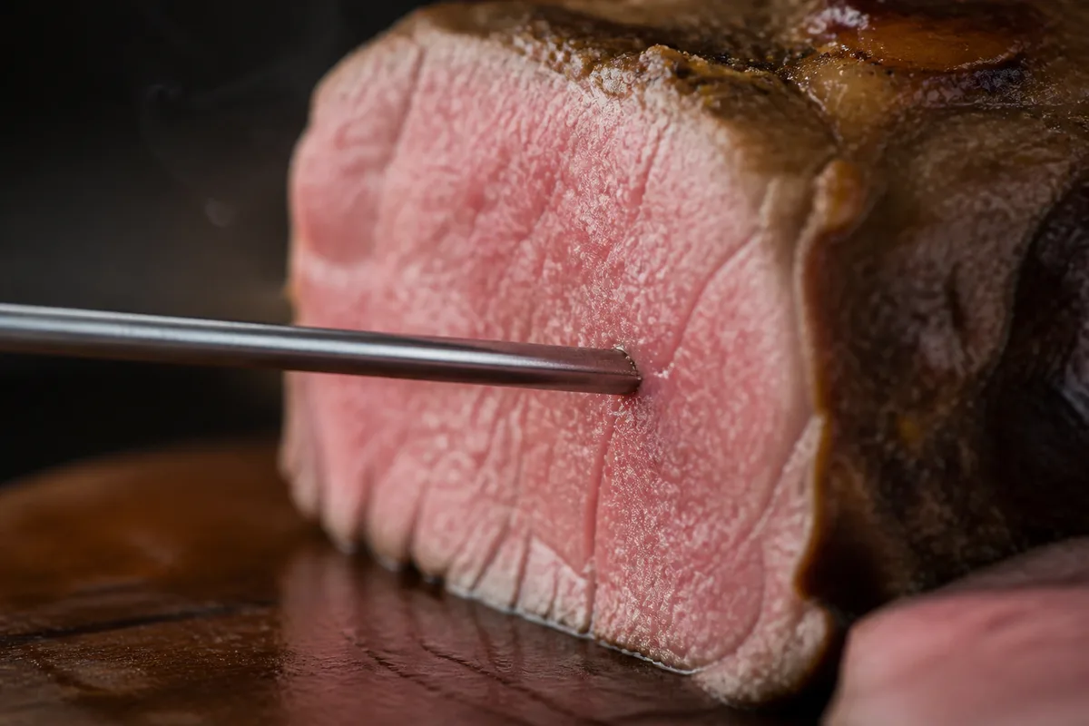 Sonde de thermomètre de cuisine plantée dans une pièce de viande rôtie posée sur une planche en bois