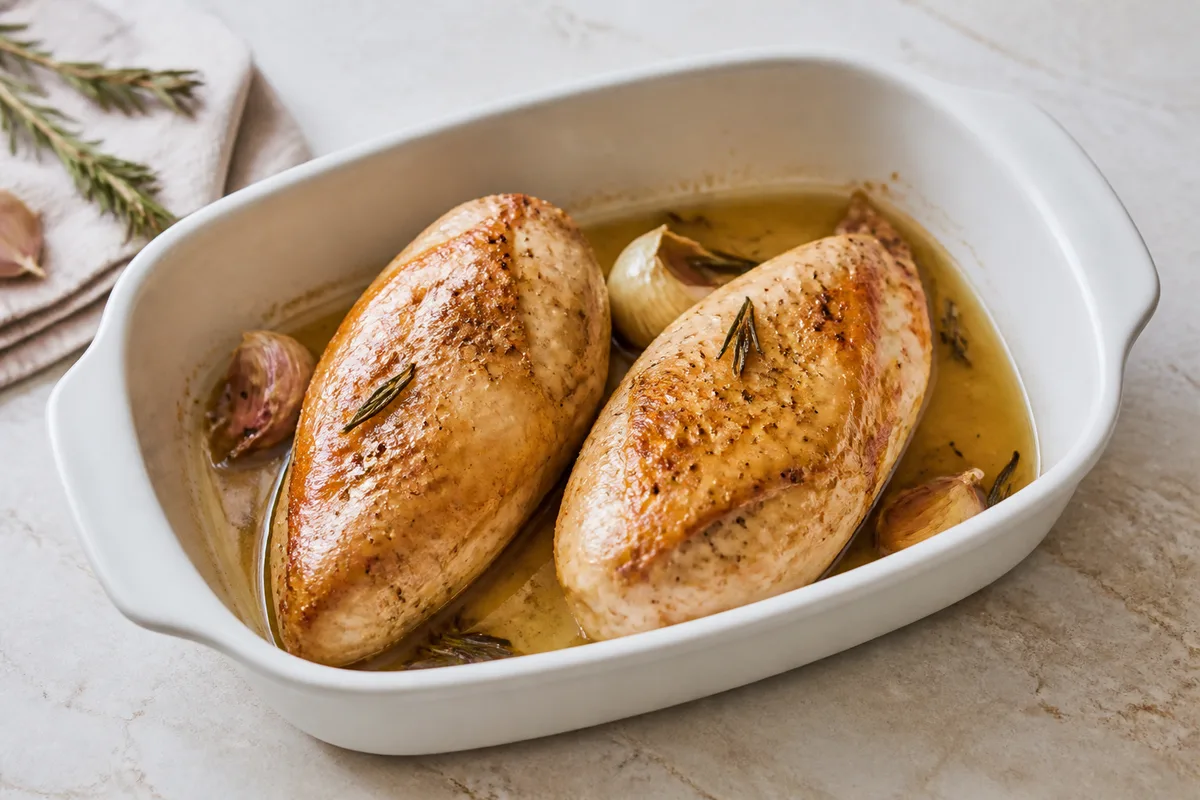 Blanc de volaille doré dans un plat de cuisson, jus clair au fond, herbes fraîches à côté
