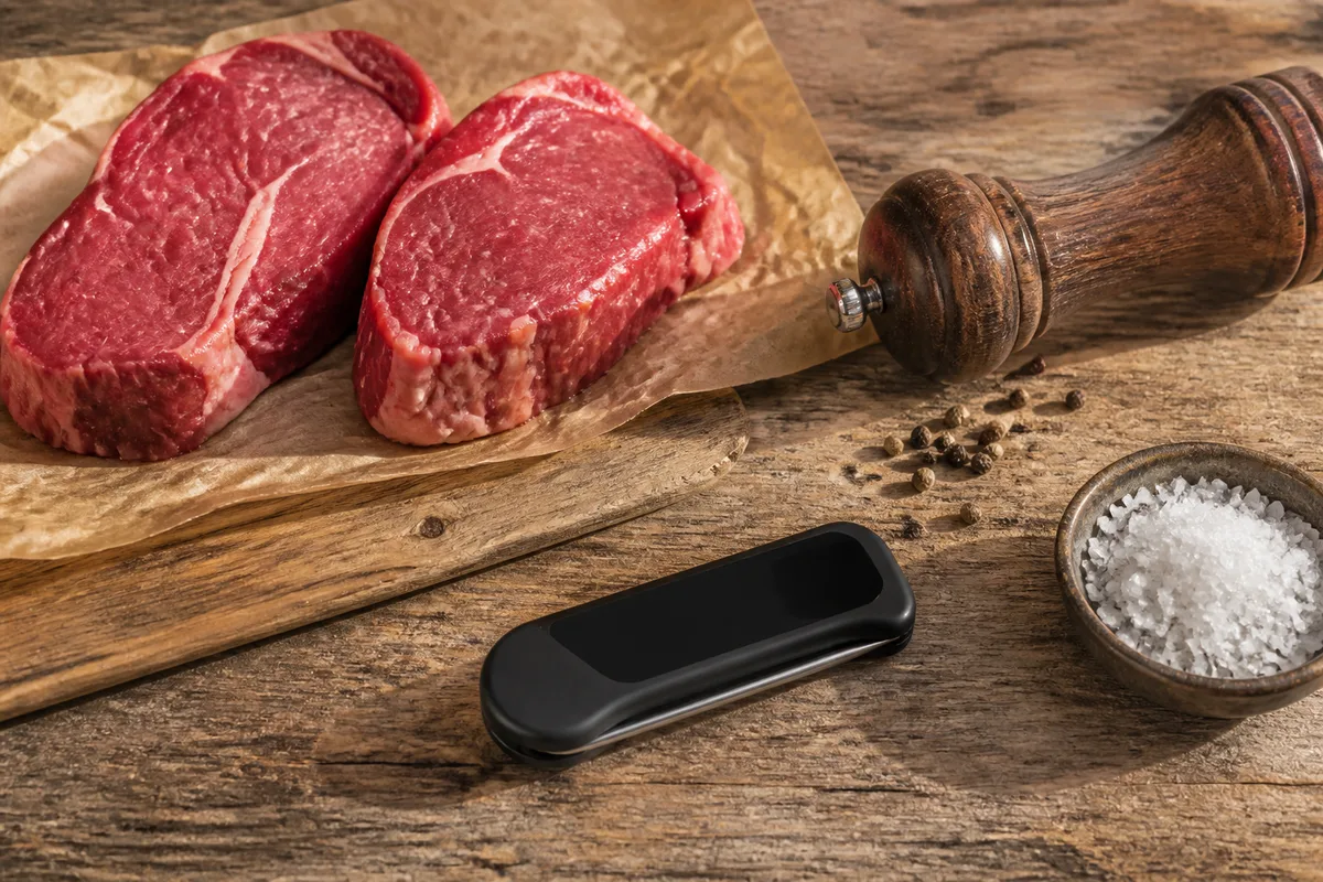 Thermomètre de cuisine à lecture instantanée posé sur un plan de travail en bois près de morceaux de viande crue