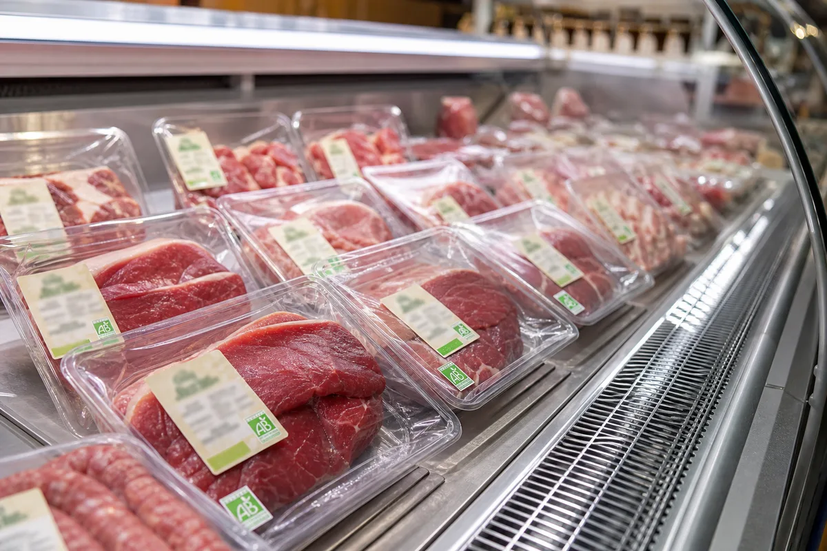 Rayon de viande bio en boucherie avec étiquettes de traçabilité affichées