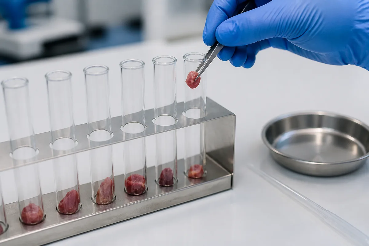 Main gantée déposant un échantillon de viande dans un tube de verre lisse sur un portoir en inox