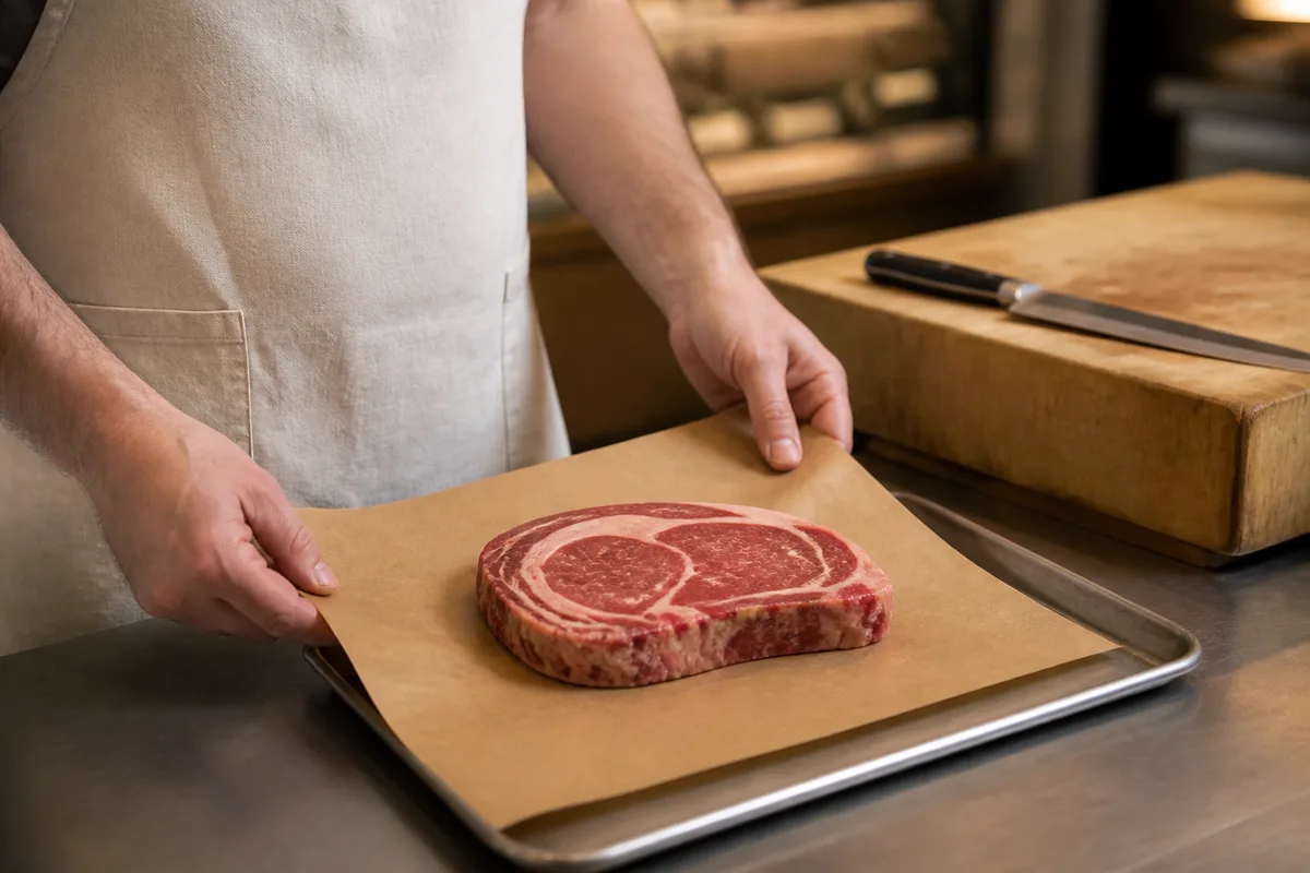 Mains de boucher présentant une pièce de viande sur un papier brun uni au-dessus d&rsquo;un plateau en inox