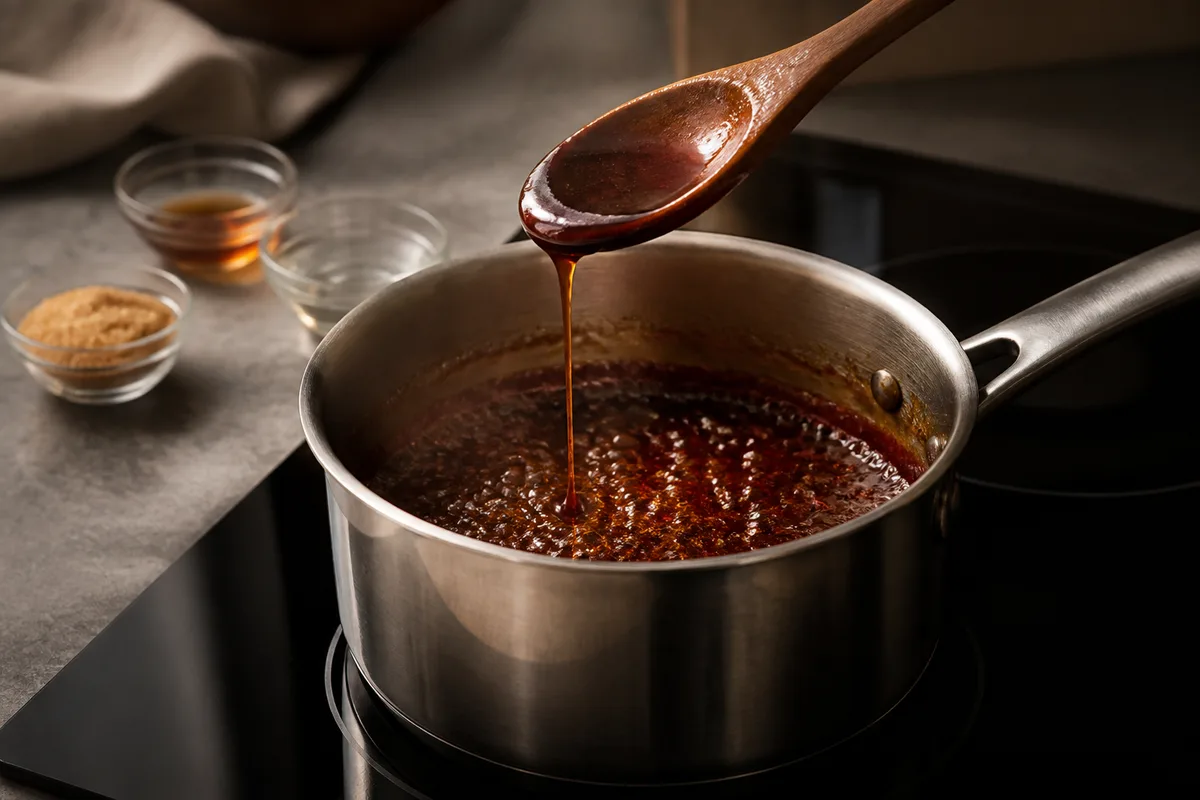 Sauce brune sirupeuse en réduction dans une casserole en inox, nappant une cuillère en bois