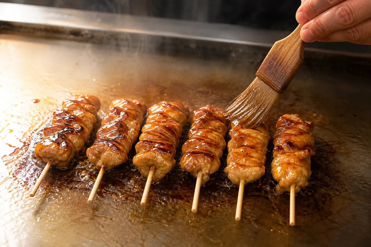 Brochettes de poulet badigeonnées au pinceau sur une plancha en acier lisse, reflets brillants de la laque